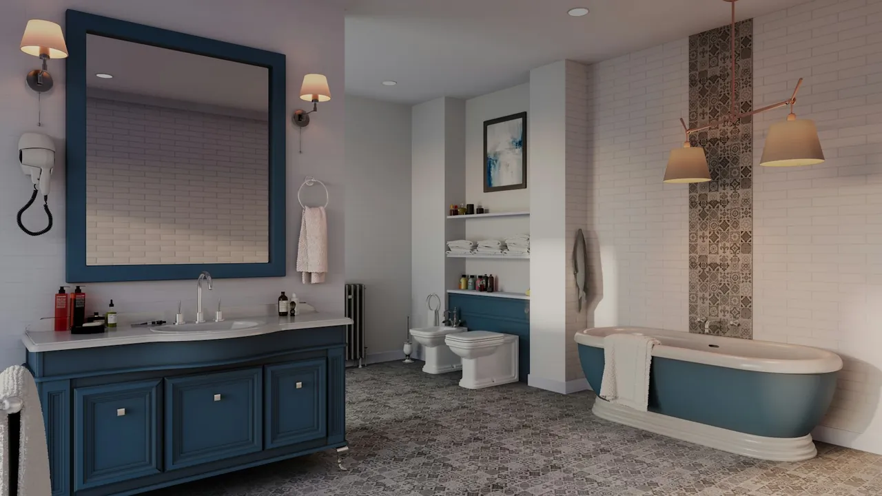 Bathroom with a patterned porcelain tile floor and freestanding tub